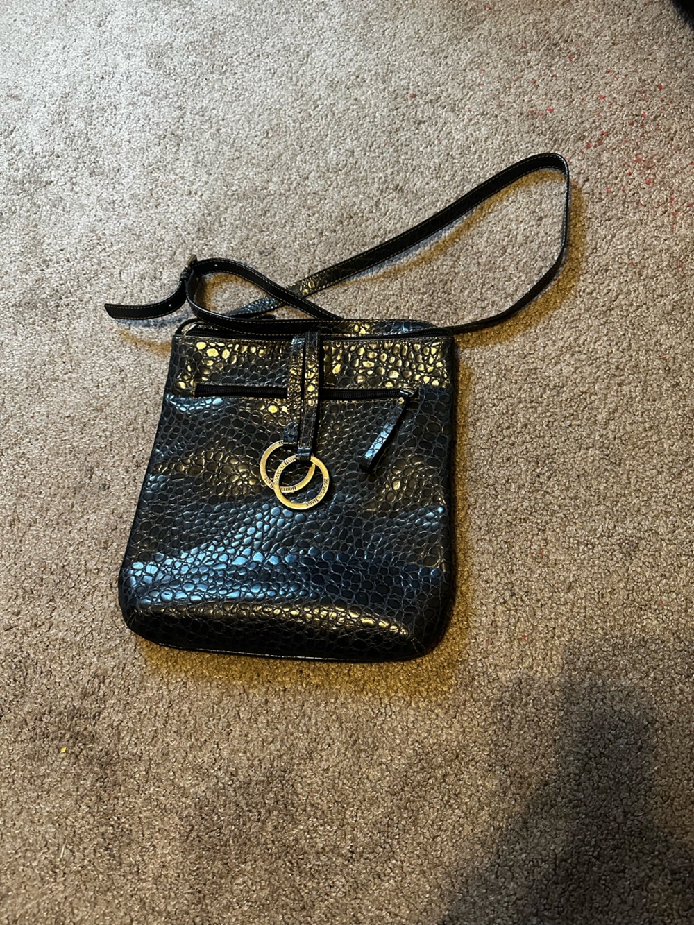 Boots ‘N Bags, Navy Blue, Croc-Texture Crossbody Bag with Gold Tone Rings
